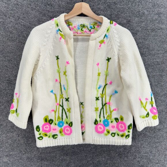 Handmade Sweaters - Handmade  Cardigan Women M Medium Beige Floral Open Front Long Sleeve Knit